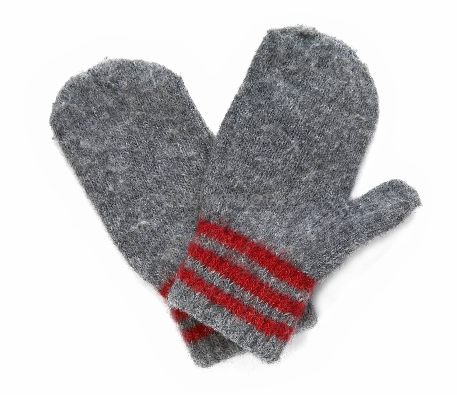 Grey mittens with red stripe on wrist over white background