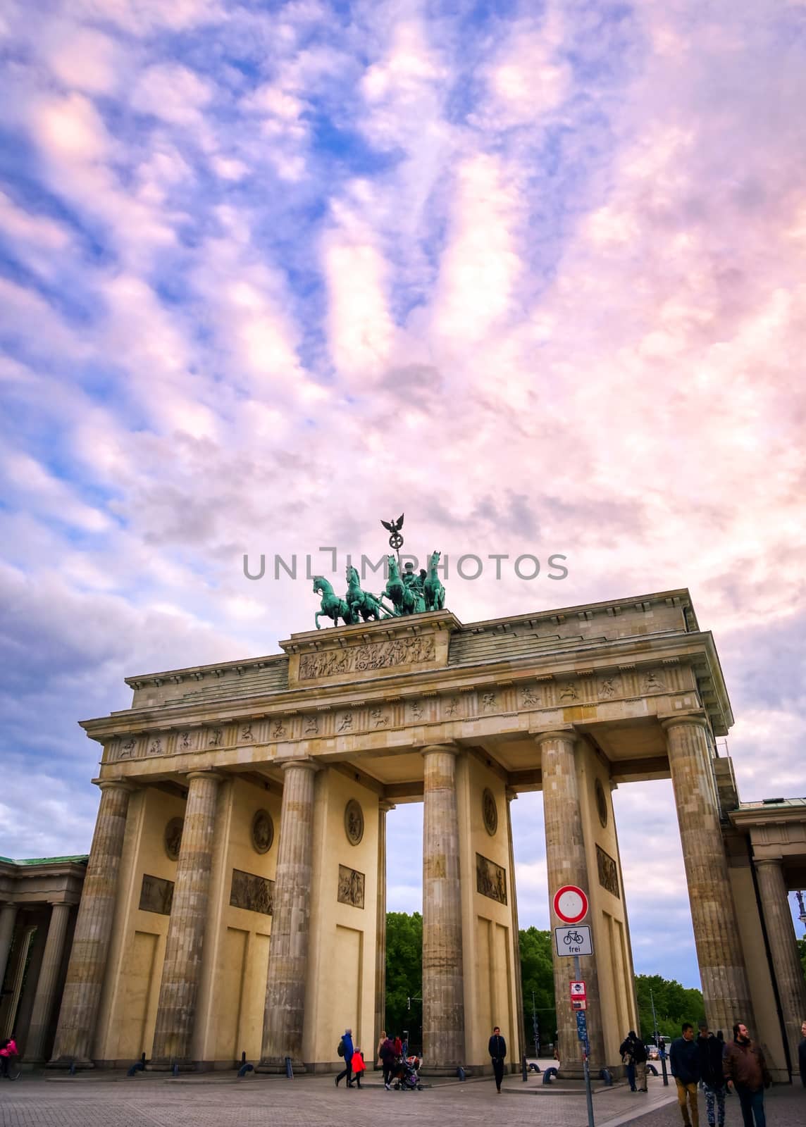 Berlin, Germany - May 3, 2019 - The Brandenburg Gate at sunset located in Pariser Platz in the city of Berlin, Germany.