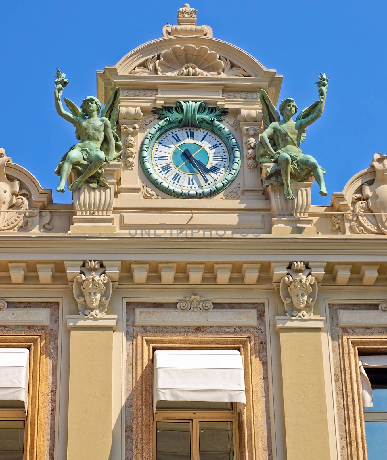 The top part of a facade of the Grand Casino in Monte Carlo, Monaco