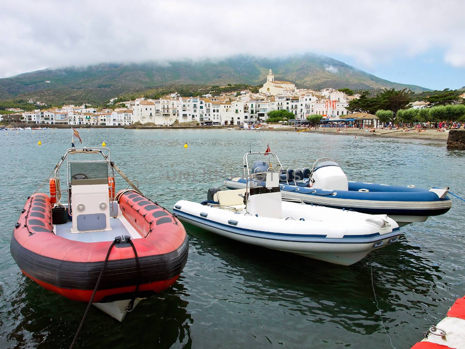 Inflatable motor boats in Cadaques, Costa Brava, Catalonia, Spain.