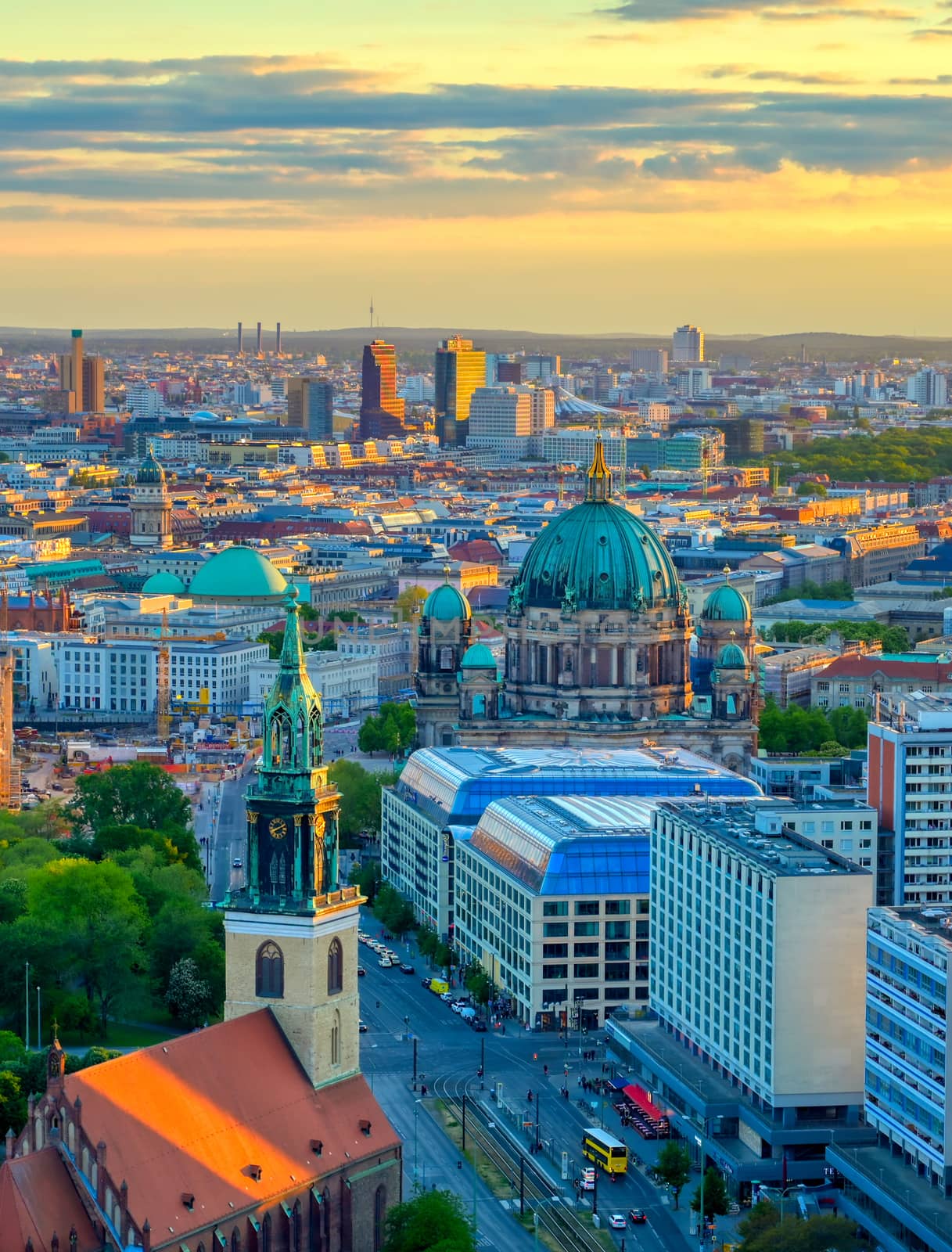 An aerial view of the Berlin Cathedral at sunset.