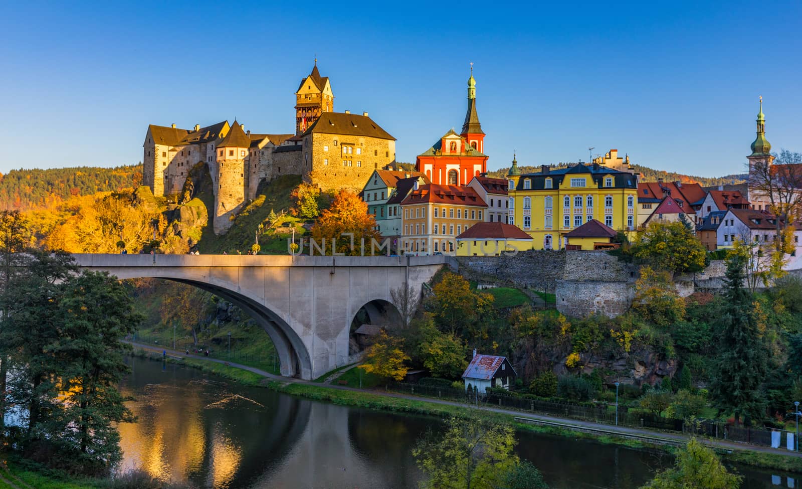 Colorful town and Castle Loket over Eger river in the near of Karlovy Vary, Czech Republic