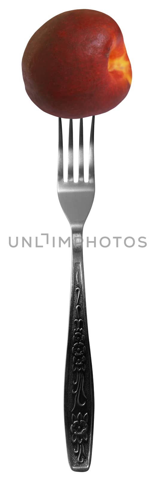 Peach on fork isolated on a white background.