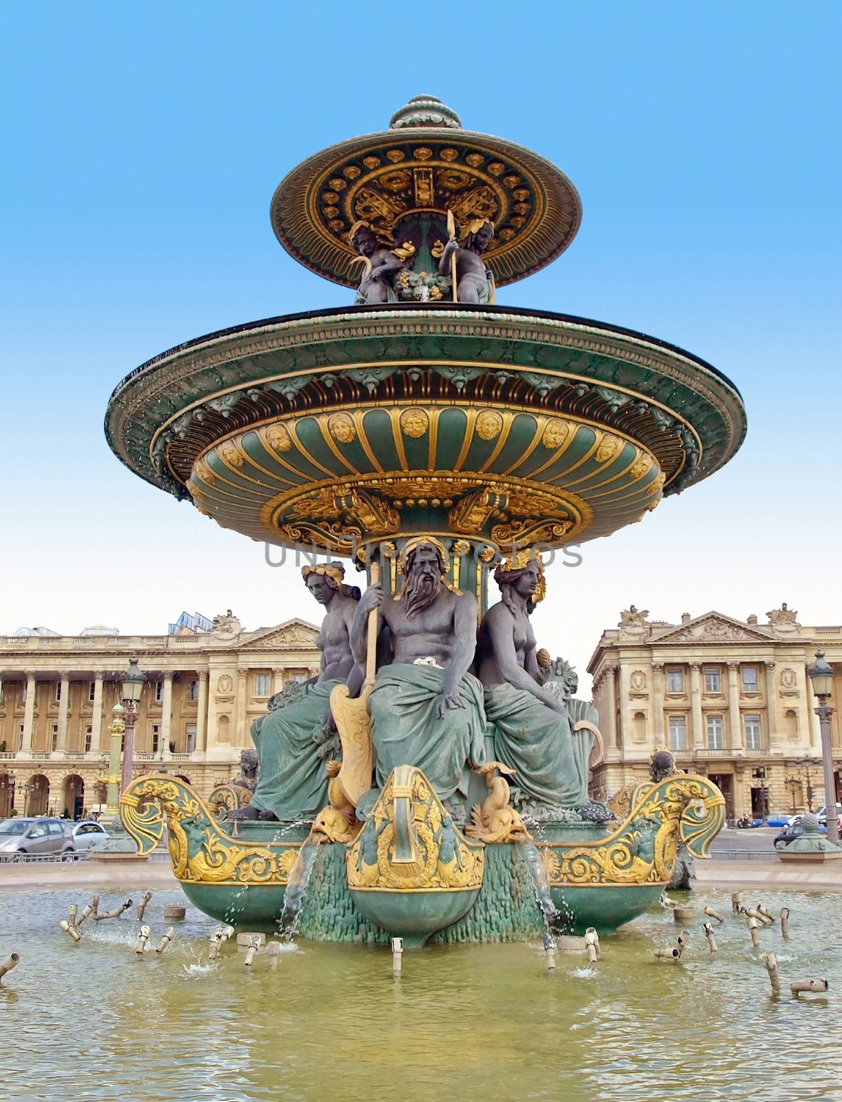 Beautiful La Fontaine des Fleuves (1835) fountain at the popular Place de la Concorde, Paris.