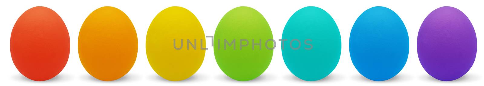 Seven basic colors of Big Easter eggs isolated on white, with shadow.