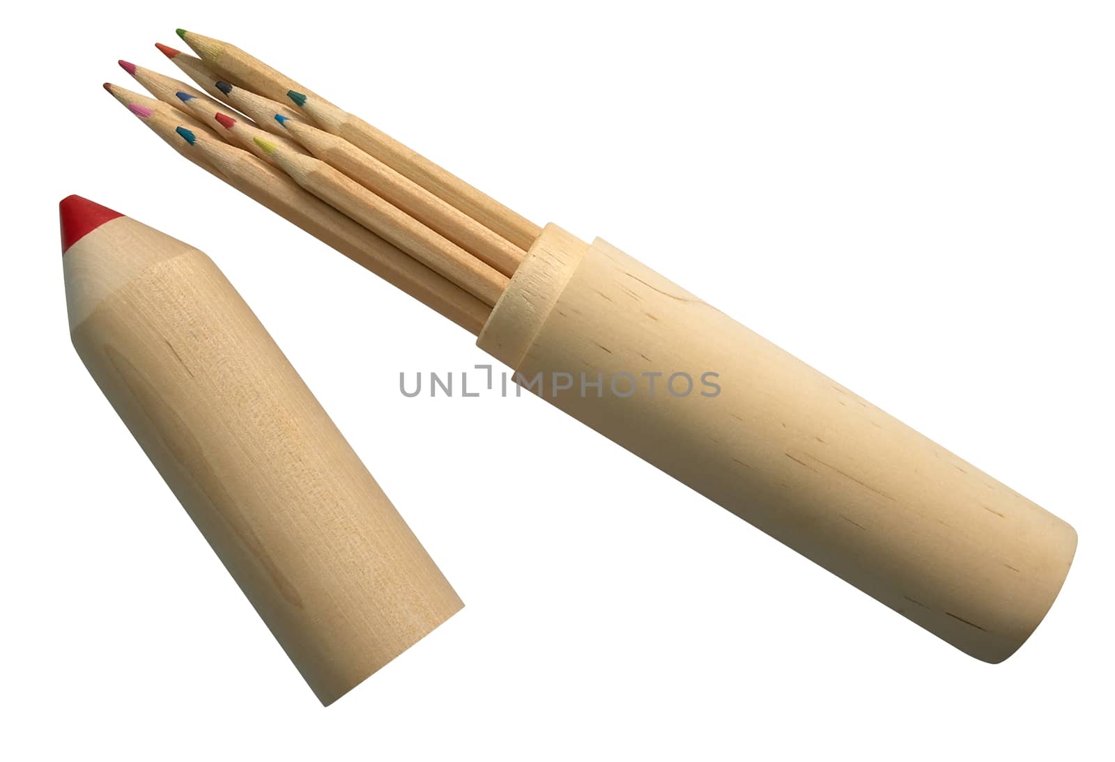 Big wooden pencil-case filled with colored pencils. Clipping path.