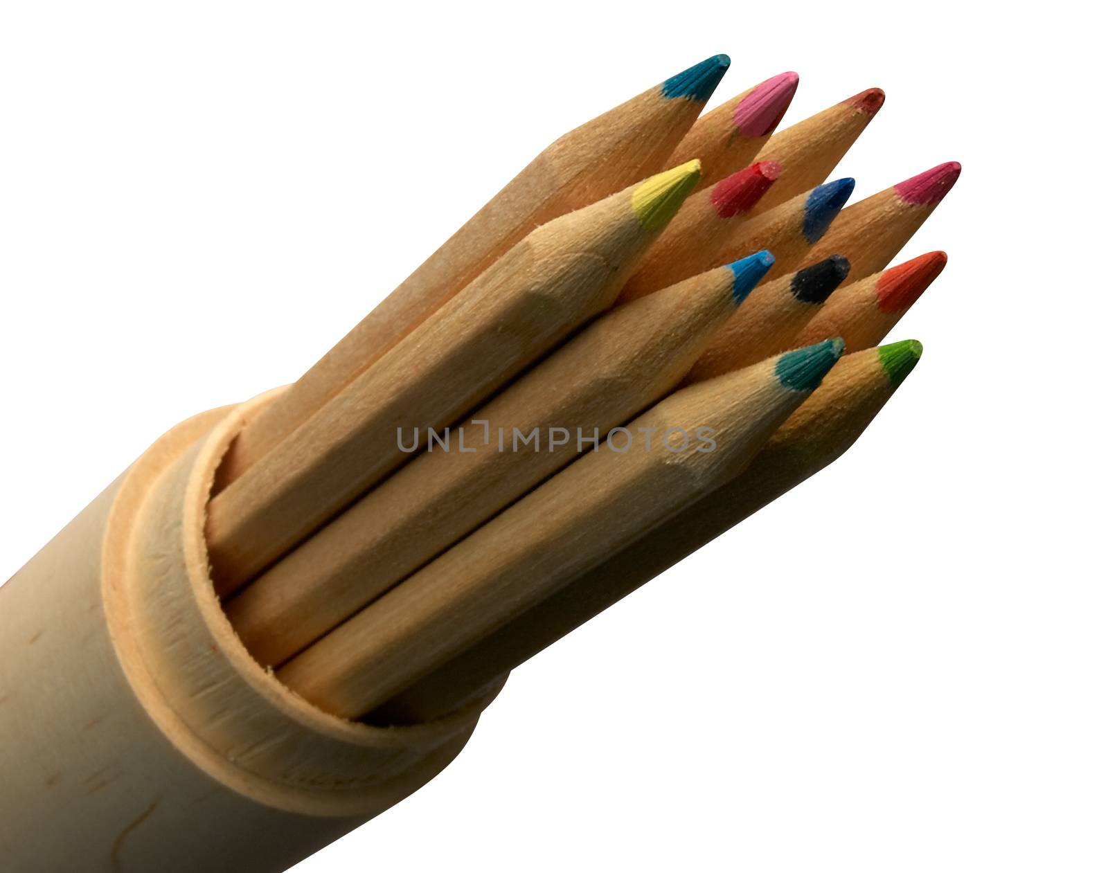 Wooden colored pencils into pencil-case. Clipping path.
