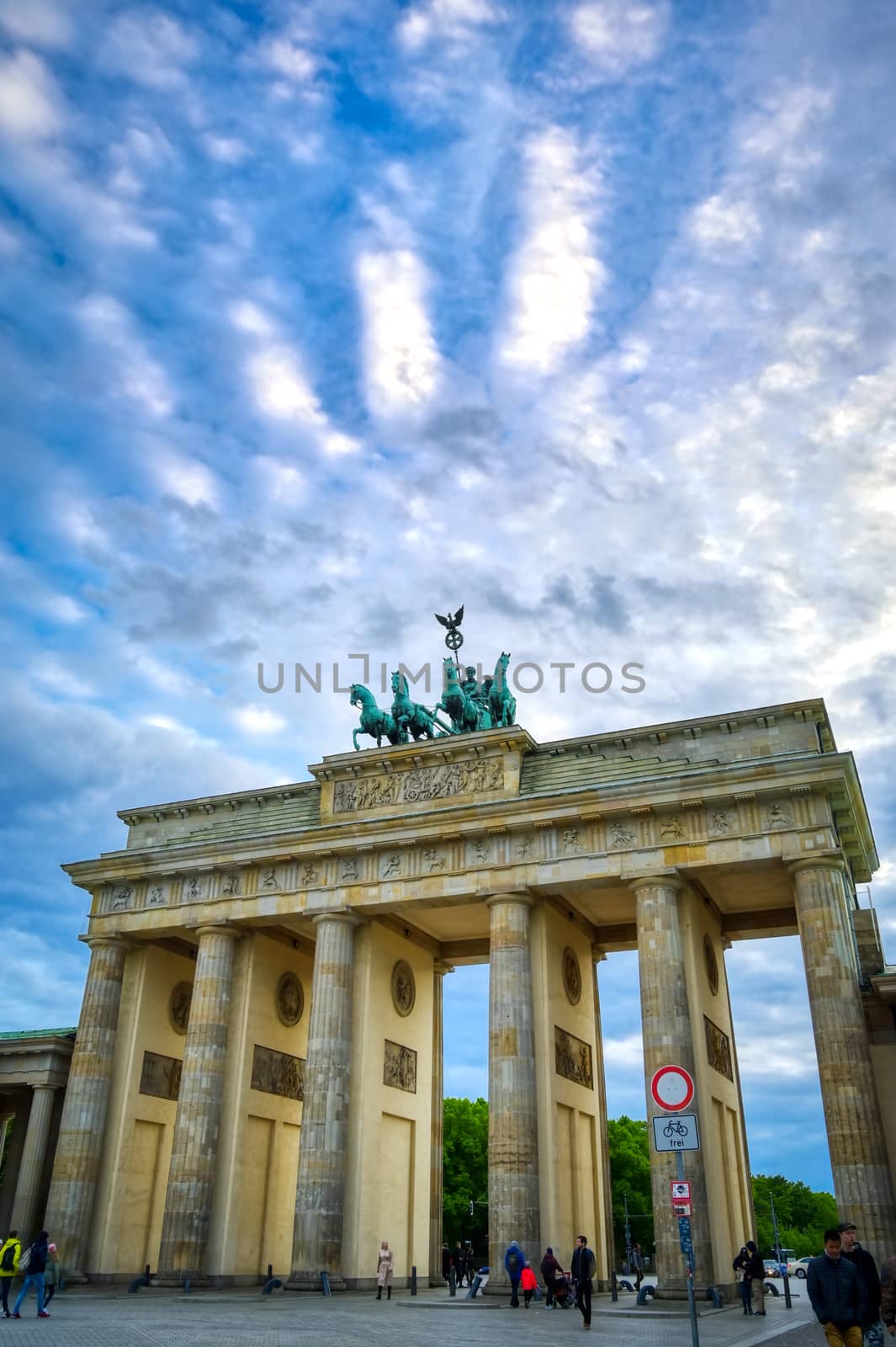 Berlin, Germany - May 3, 2019 - The Brandenburg Gate at sunset located in Pariser Platz in the city of Berlin, Germany.