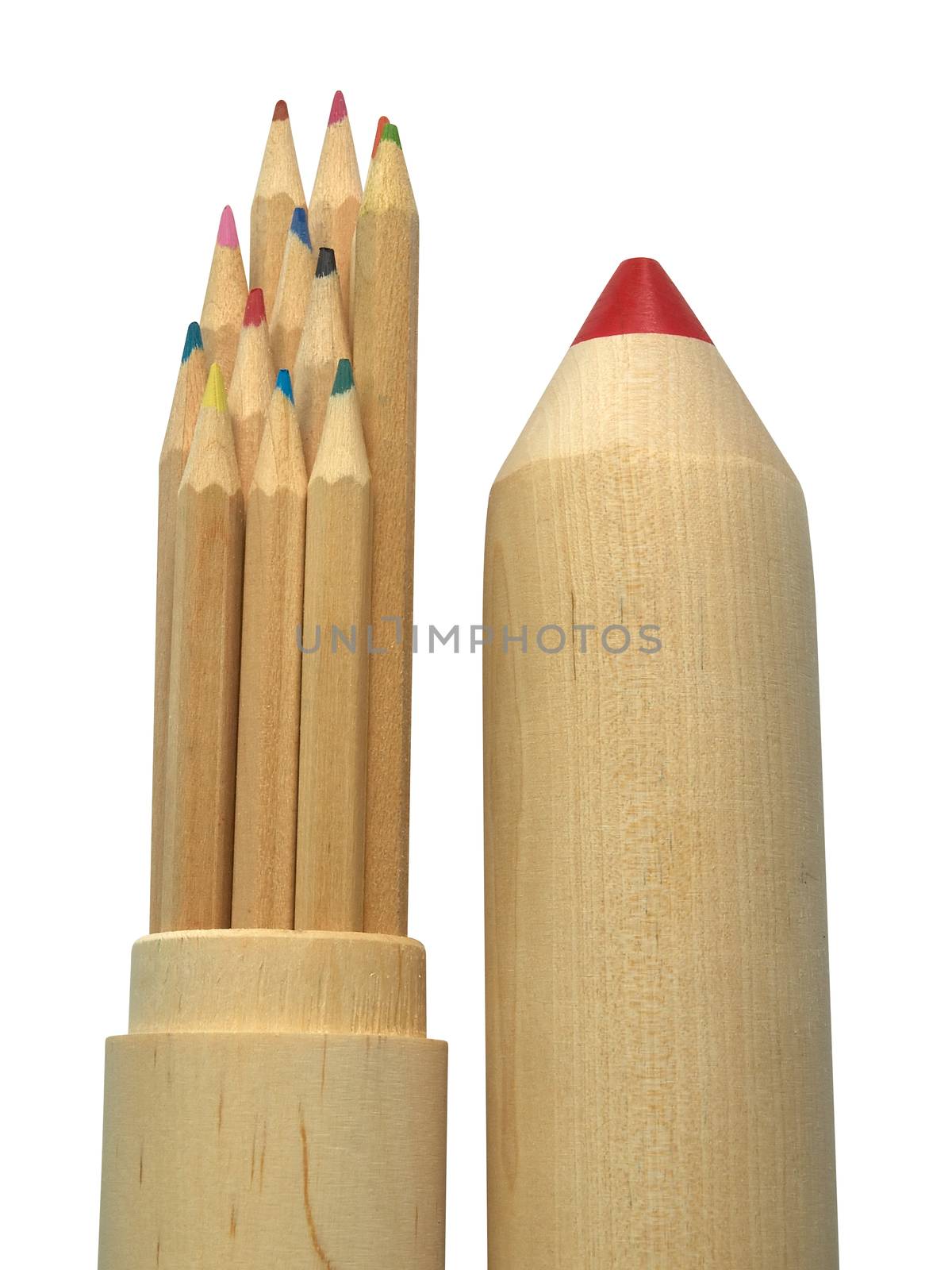 Big wooden pencil-case filled with colored pencils. Clipping path.