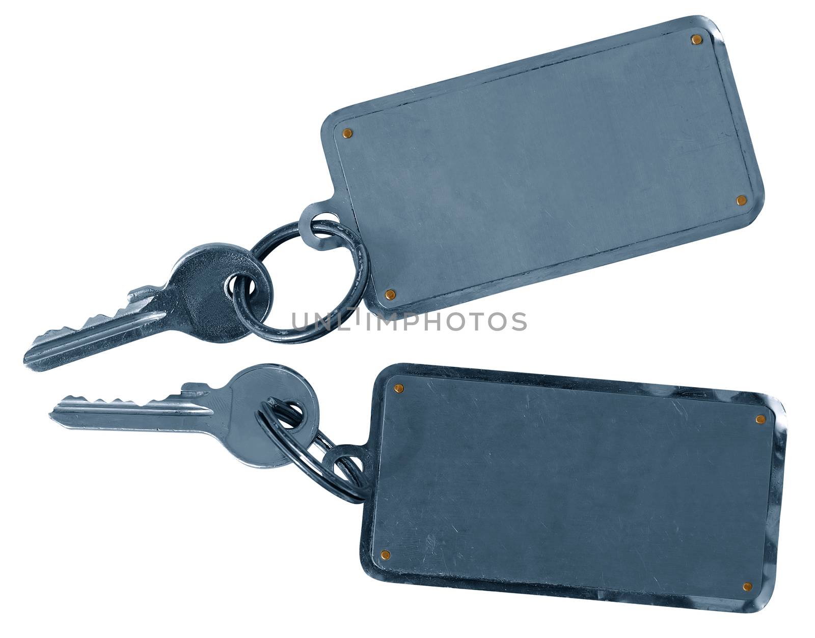 Two hotels room keys with labels isolated over white. Image contains clipping path.