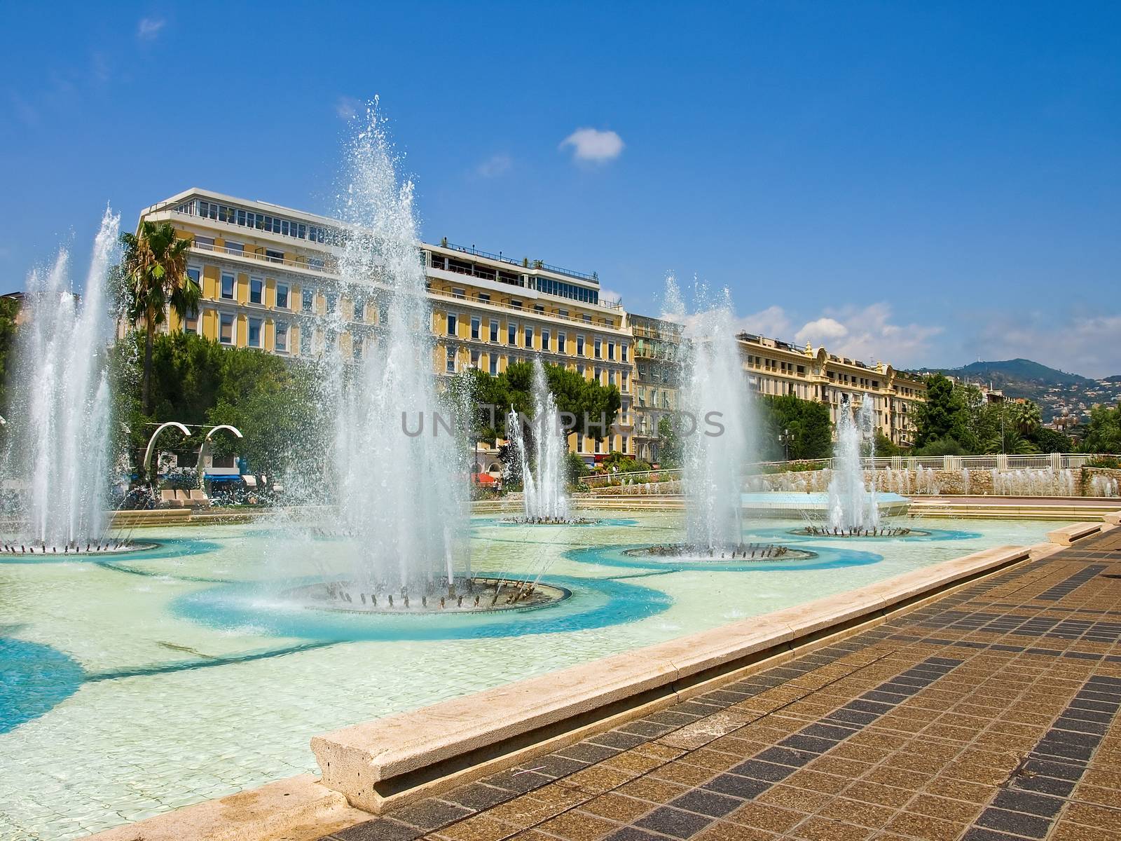 Fountains at Plaza Massena Square in the city of Nice, France