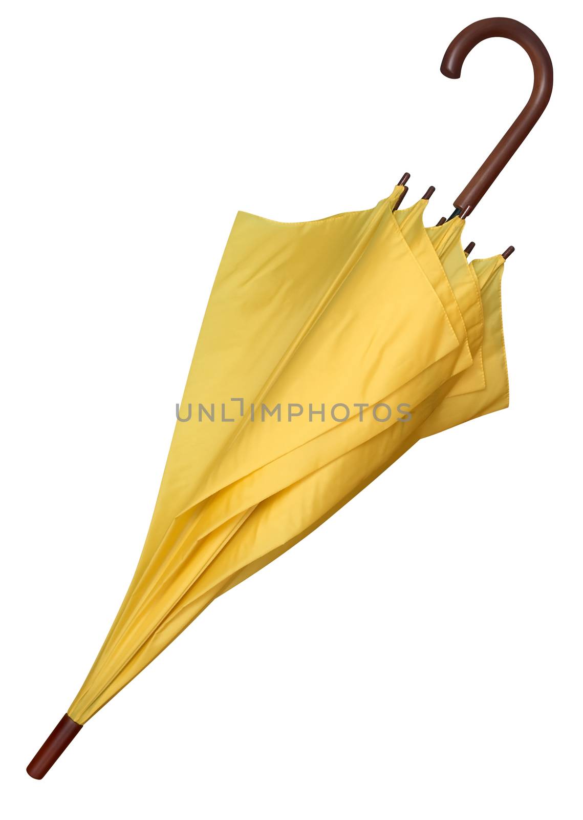 Closed yellow umbrella isolated on white background. Clipping path.