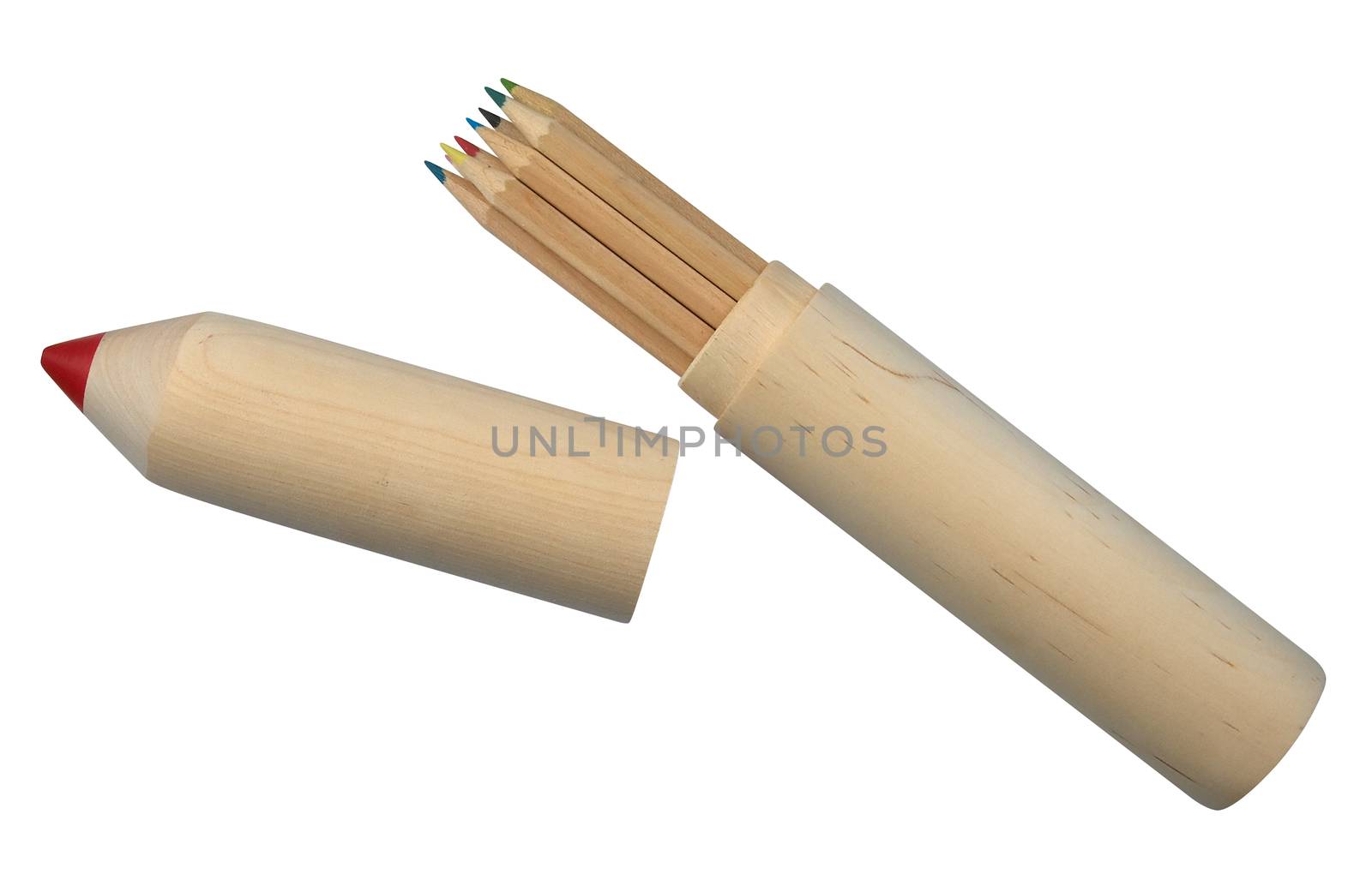 Big wooden pencil-case filled with colored pencils. Clipping path.