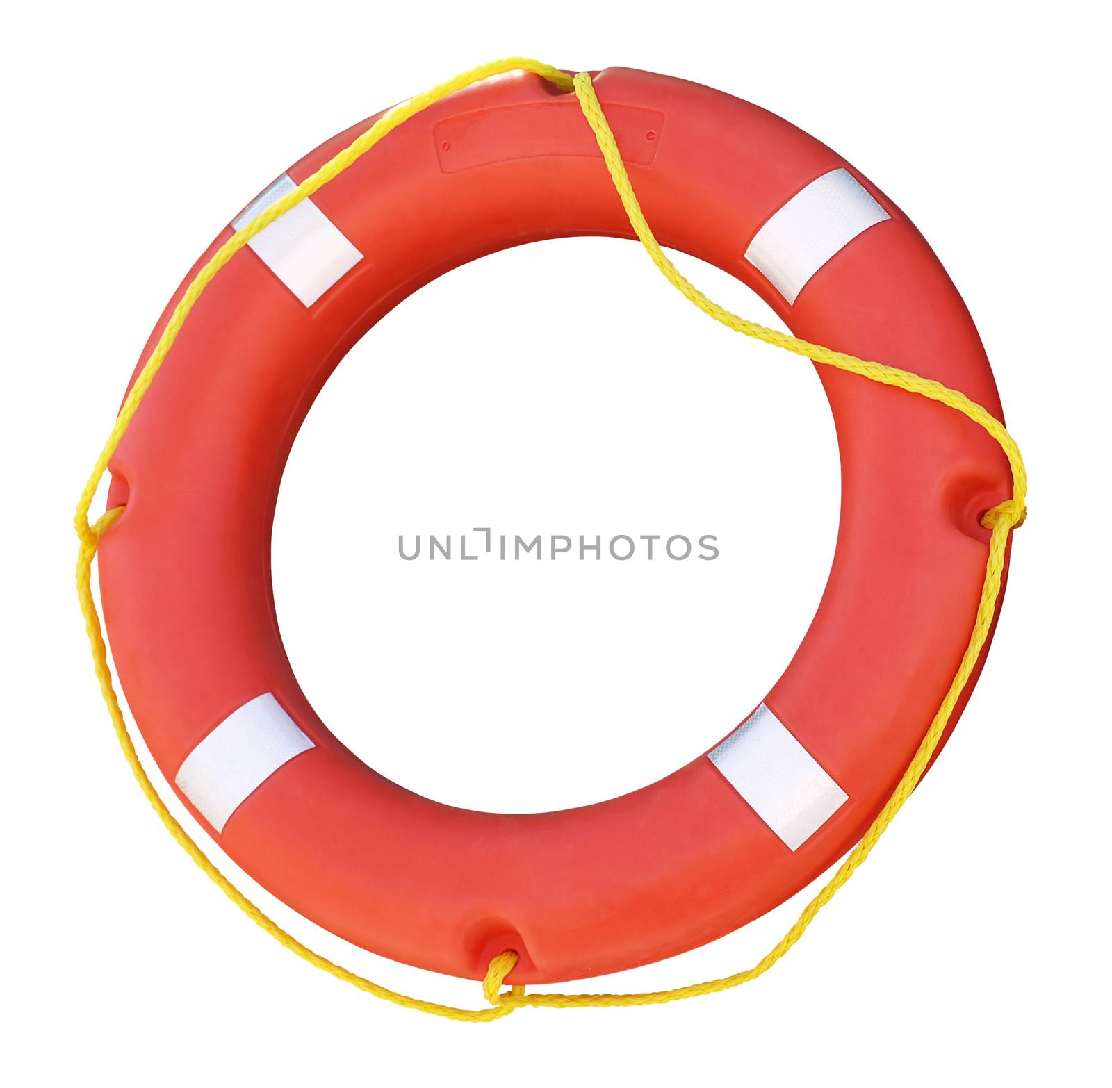 Red ring buoy with yellow rope. Clipping path.