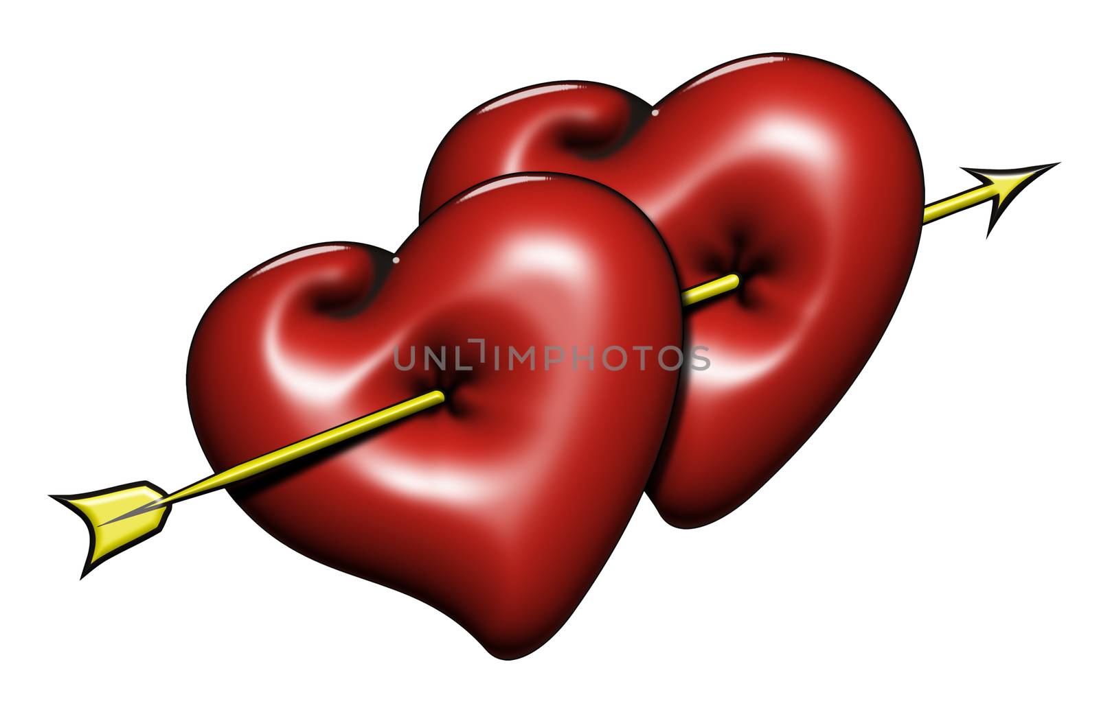 Two Red Hearts pierced together by arrow