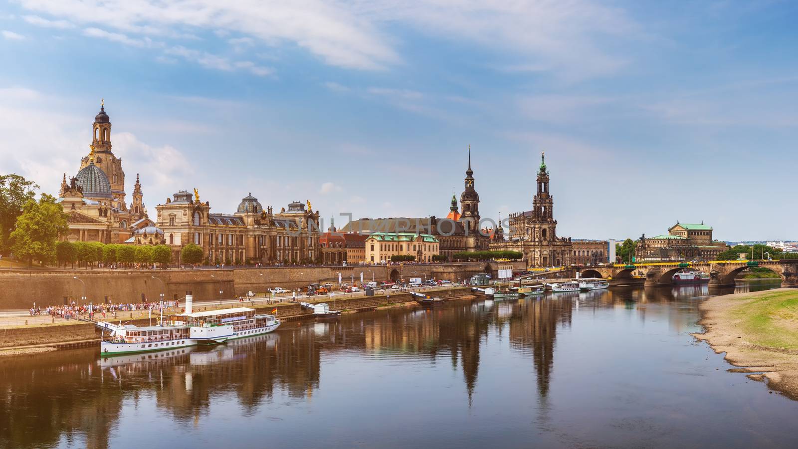 Scenic summer view of the Old Town architecture with Elbe river embankment in Dresden, Saxony, Germany