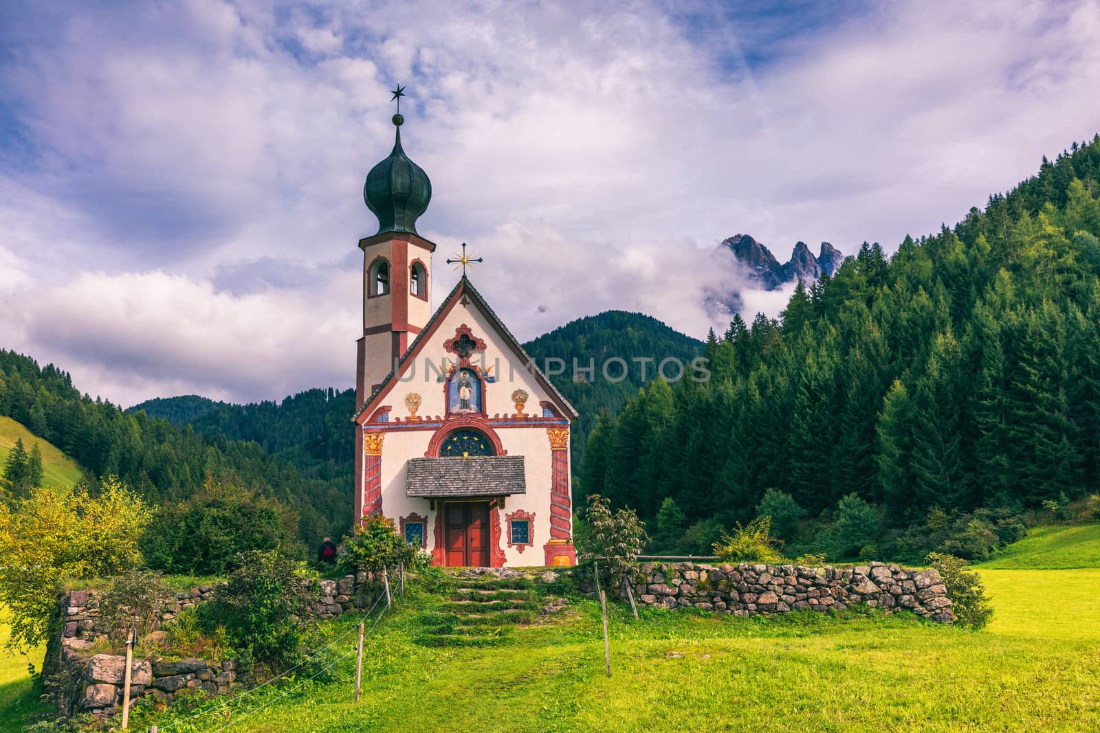 Famous best alpine place of the world, Santa Maddalena (St Magdalena) village with magical Dolomites mountains in background, Val di Funes valley, Trentino Alto Adige region, Italy, Europe
