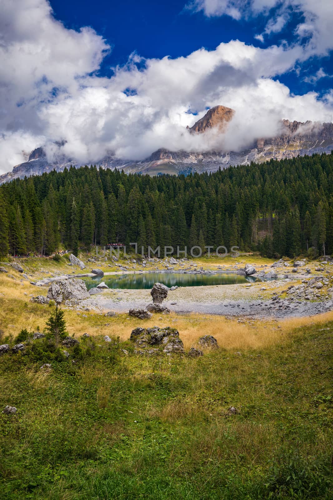 Carezza lake (Lago di Carezza, Karersee) with Mount Latemar, Bolzano province, South tyrol, Italy.