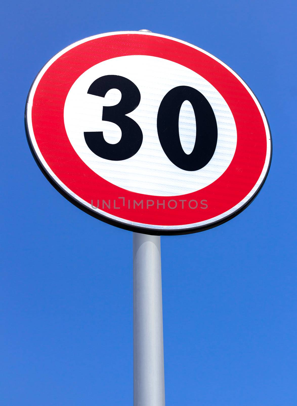 Road sign 30 Km speed limit .Traffic Limitation Order, Red Circle. Space for text.
