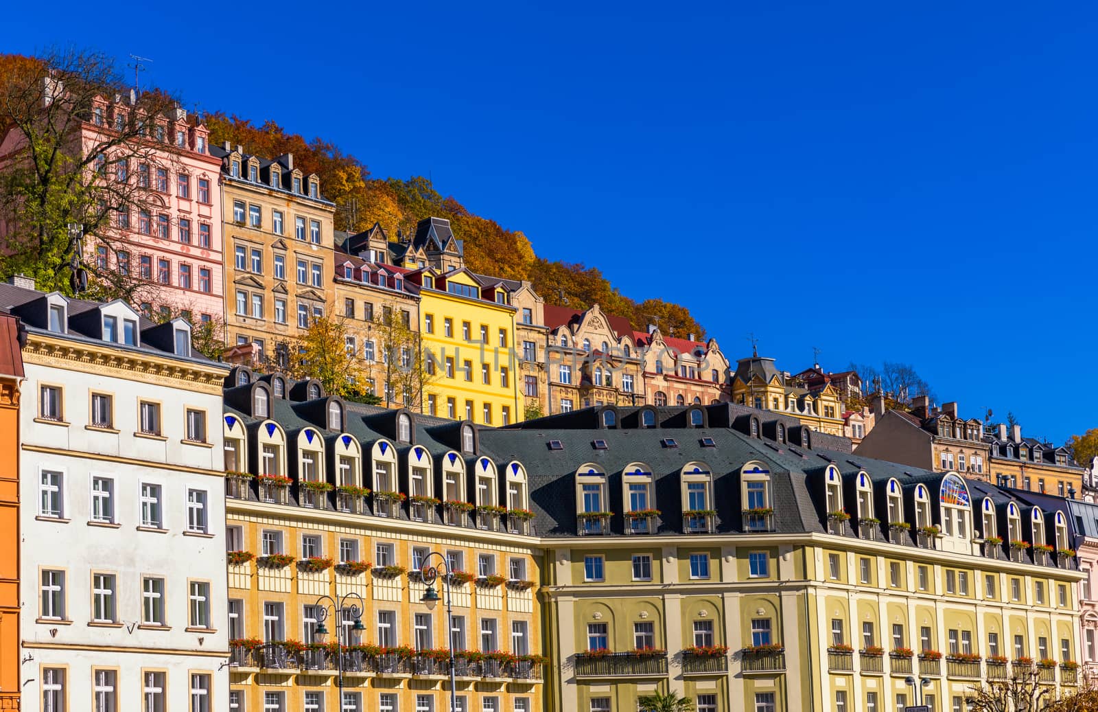 Architecture of Karlovy Vary (Karlsbad) in autumn, Czech Republic. It is the most visited spa town in the Czech Republic