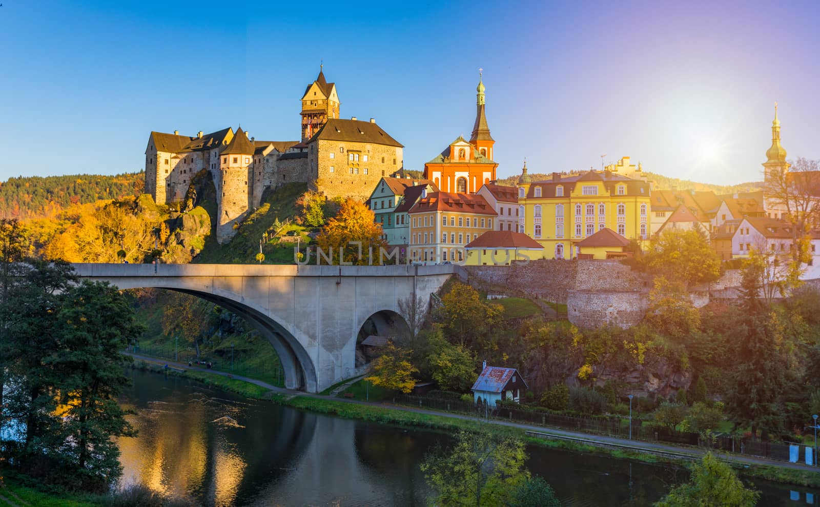 Colorful town and Castle Loket over Eger river in the near of Karlovy Vary, Czech Republic