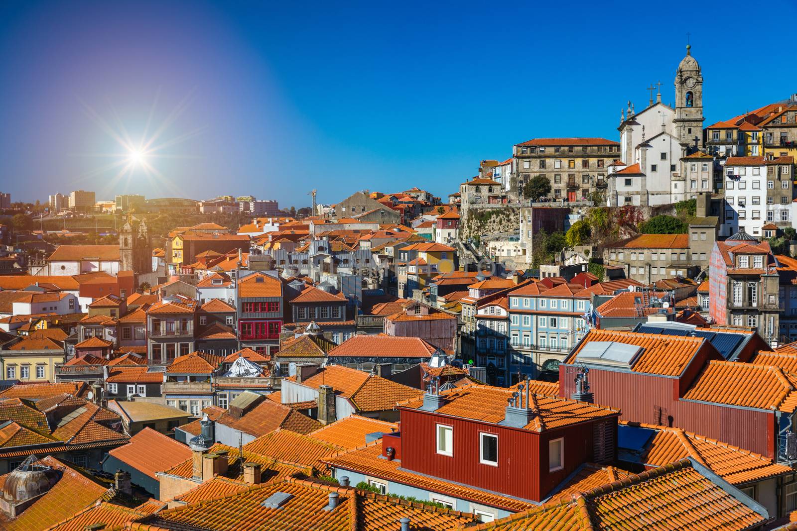 Panoramic view of Old city of Porto (Oporto) and Ribeira over Douro river, Portugal. Concept of world travel, sightseeing and tourism.