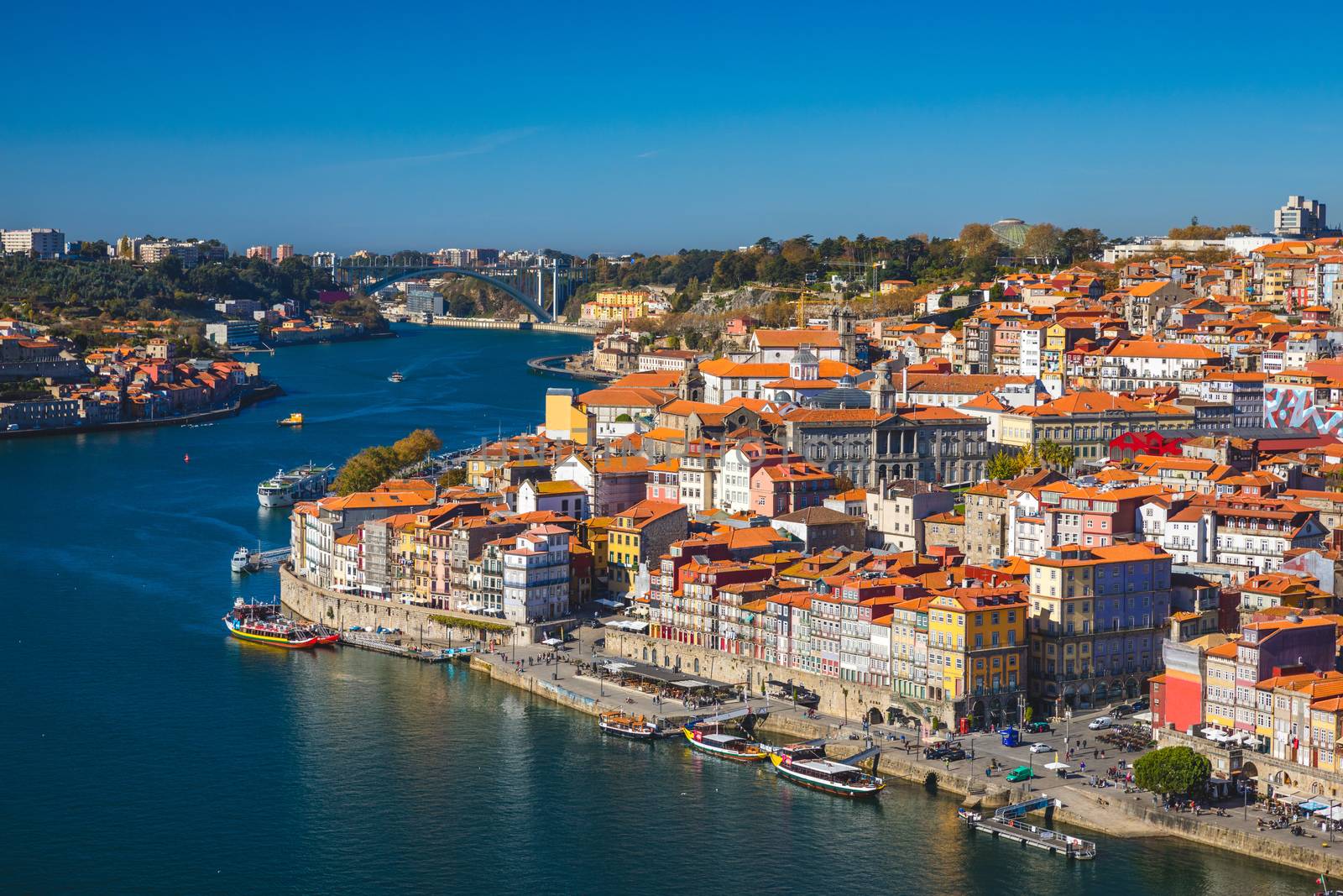Panoramic view of Old city of Porto (Oporto) and Ribeira over Douro river, Portugal. Concept of world travel, sightseeing and tourism.