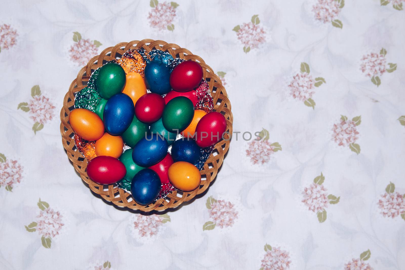 Close up of colorful Easter eggs in a basket. Happy Easter, Christian religious holiday.