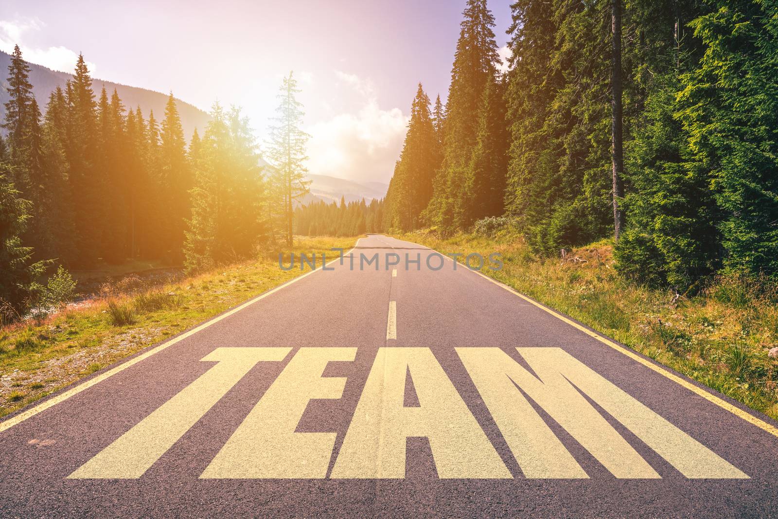 Team word written on road in the mountains