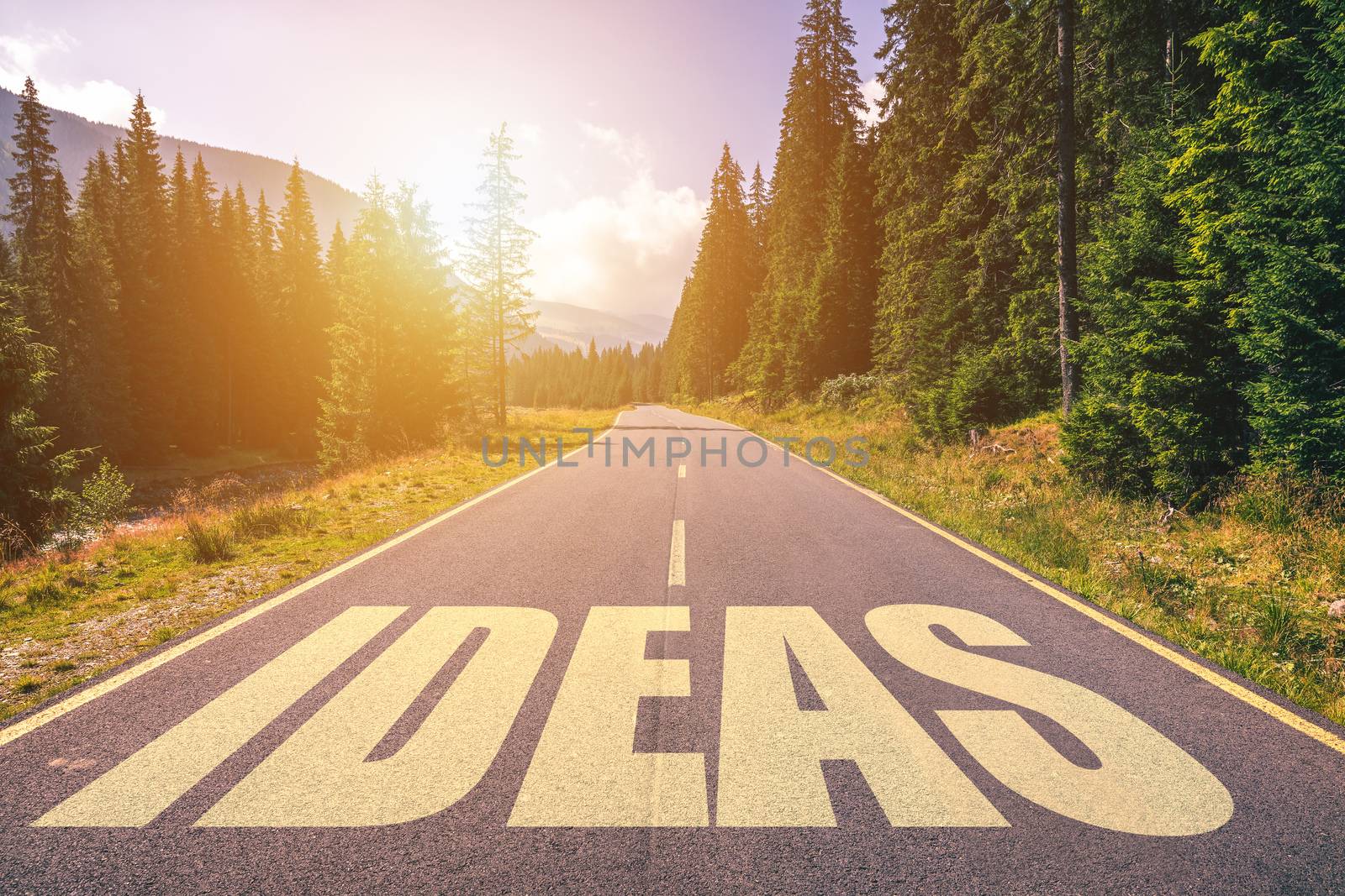 Ideas word written on road in the mountains