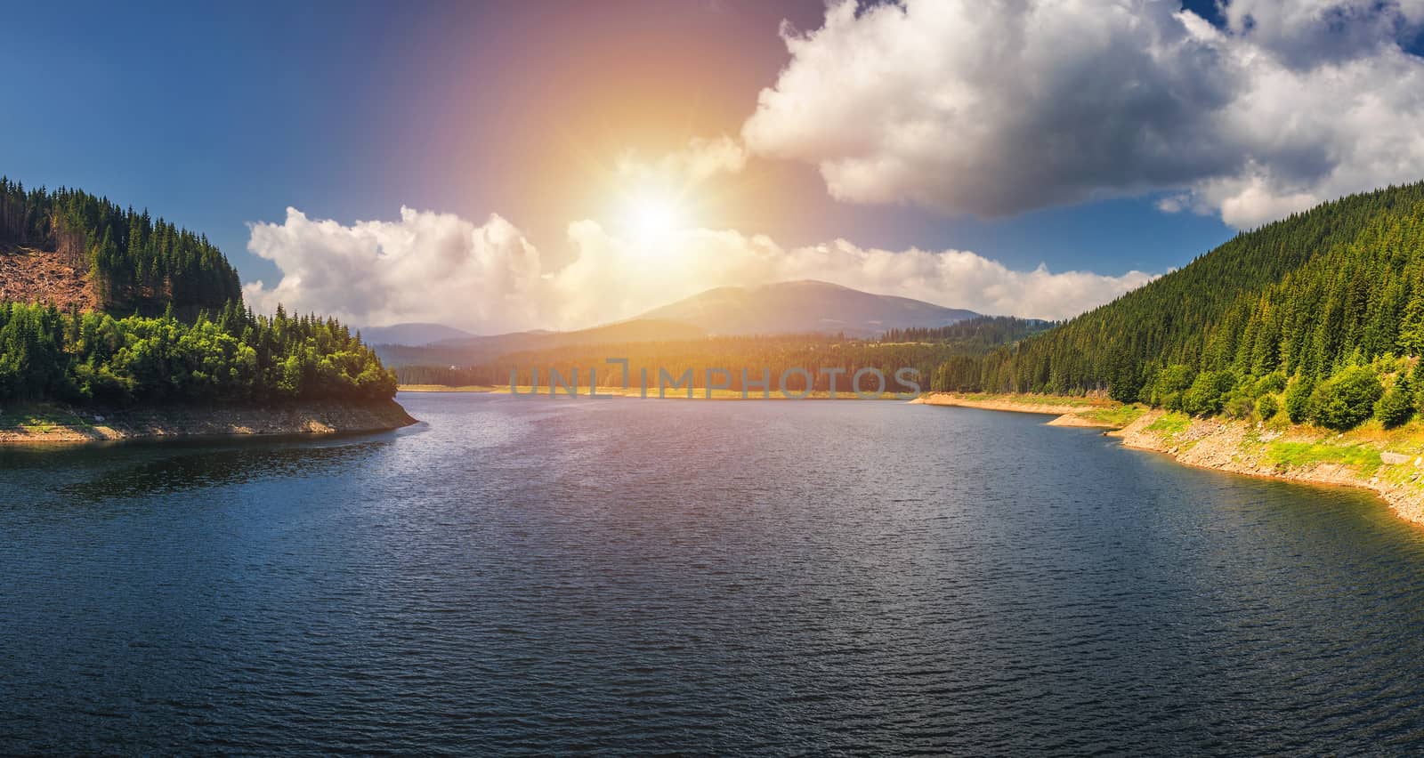 Landscape with lake Oasa in Romanian Carpathians, Transalpina.
