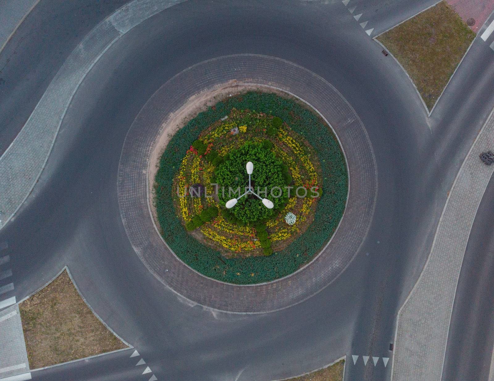 Roundabout at city streets with plants and high lamp at center by Wierzchu