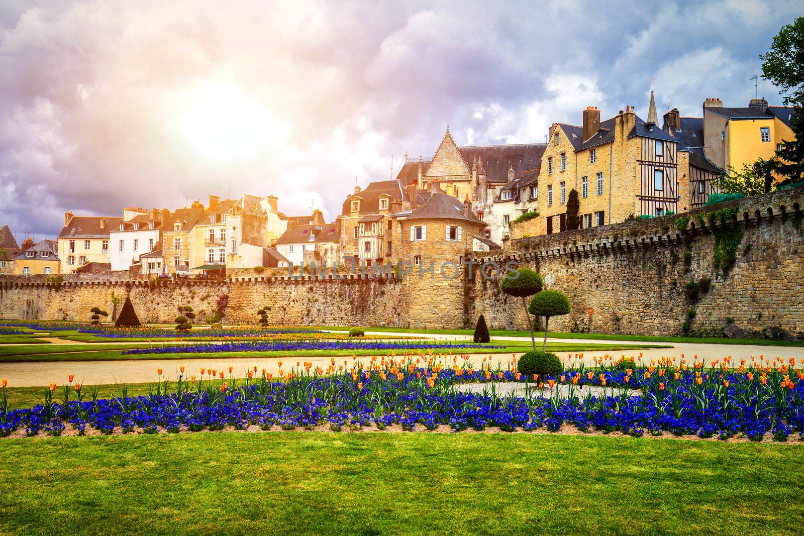 Walls of the ancient town and the gardens in Vannes. Brittany (Bretagne), Northern France.