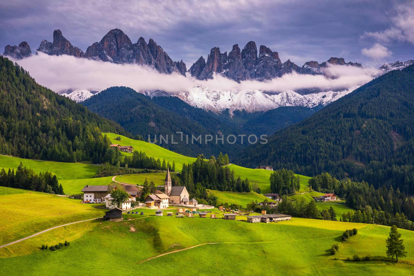 Famous best alpine place of the world, Santa Maddalena (St Magdalena) village with magical Dolomites mountains in background, Val di Funes valley, Trentino Alto Adige region, Italy, Europe