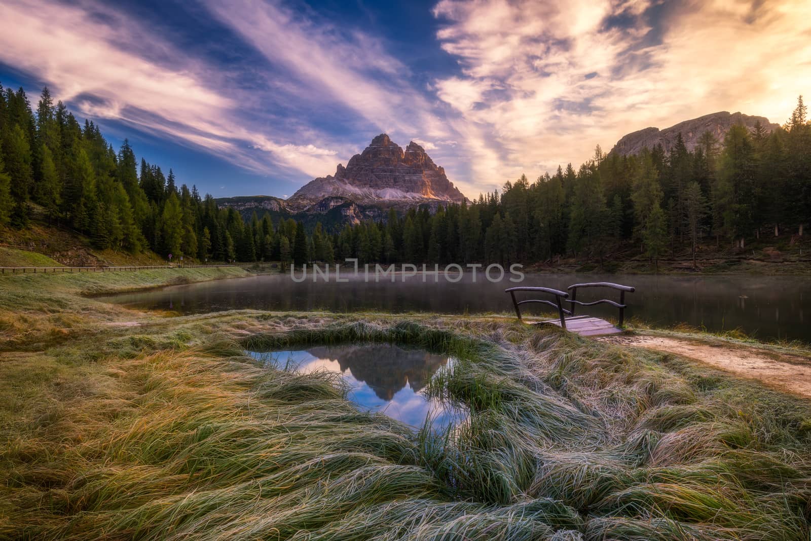 Antorno lake with famous Tre Cime di Lavaredo (Drei Zinnen) mount. Dolomite Alps, Province of Belluno, Italy, Europe. Beauty of nature concept background.