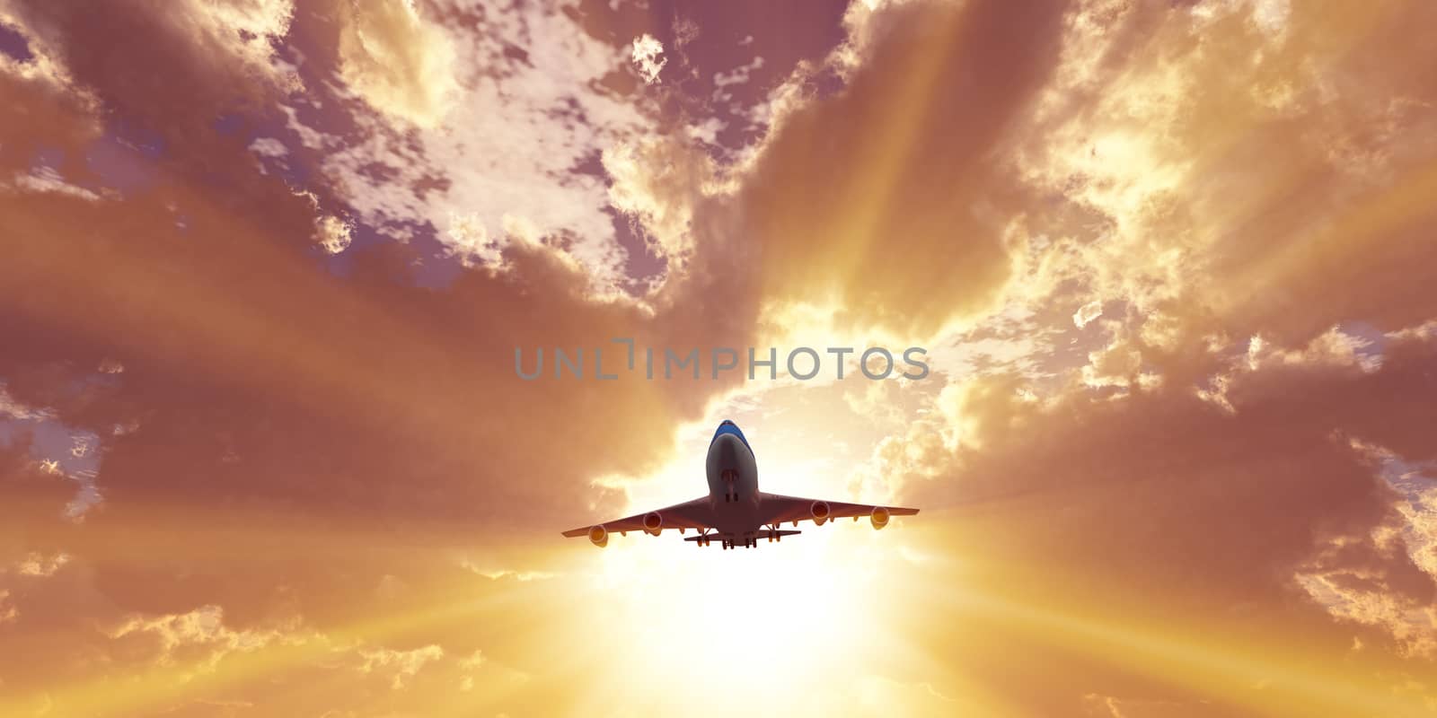 airplane fly in sunset sky, 3d rendering