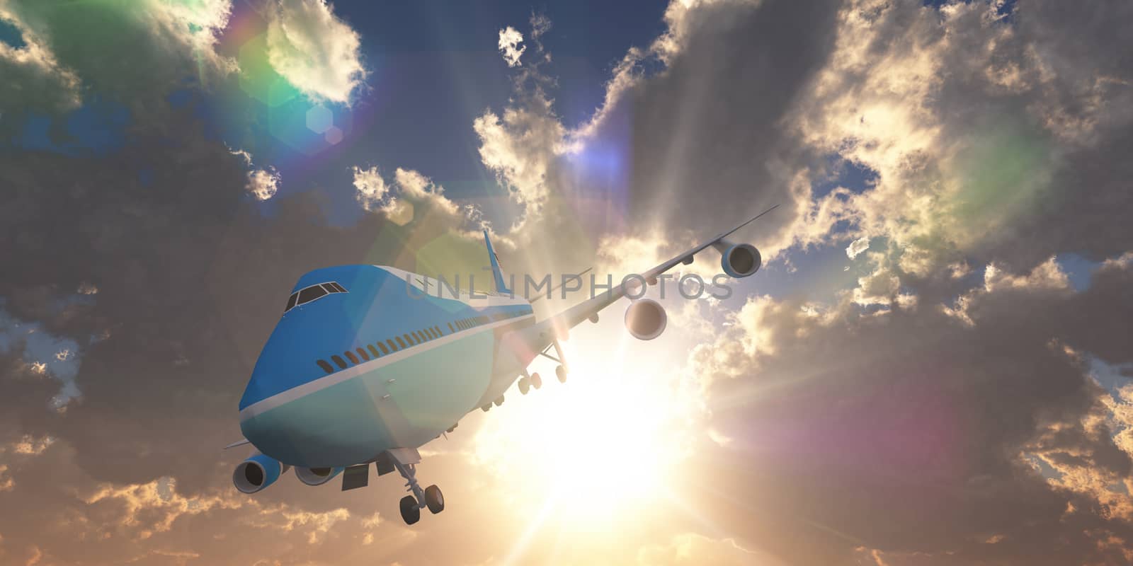 airplane in sunset sky, 3d rendering by alex_nako