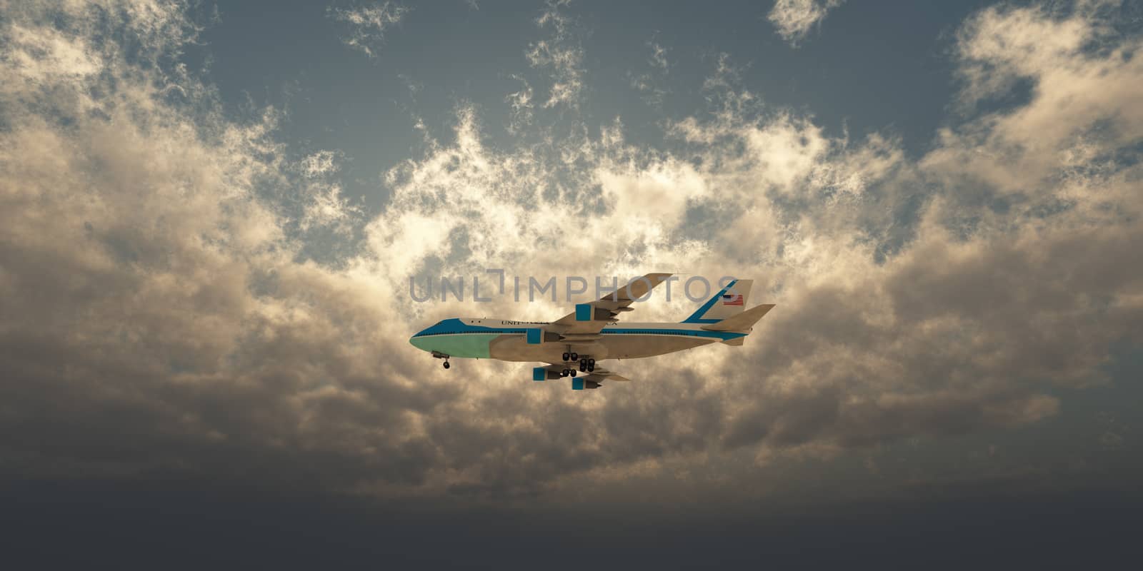 airplane fly in sunset sky, 3d rendering