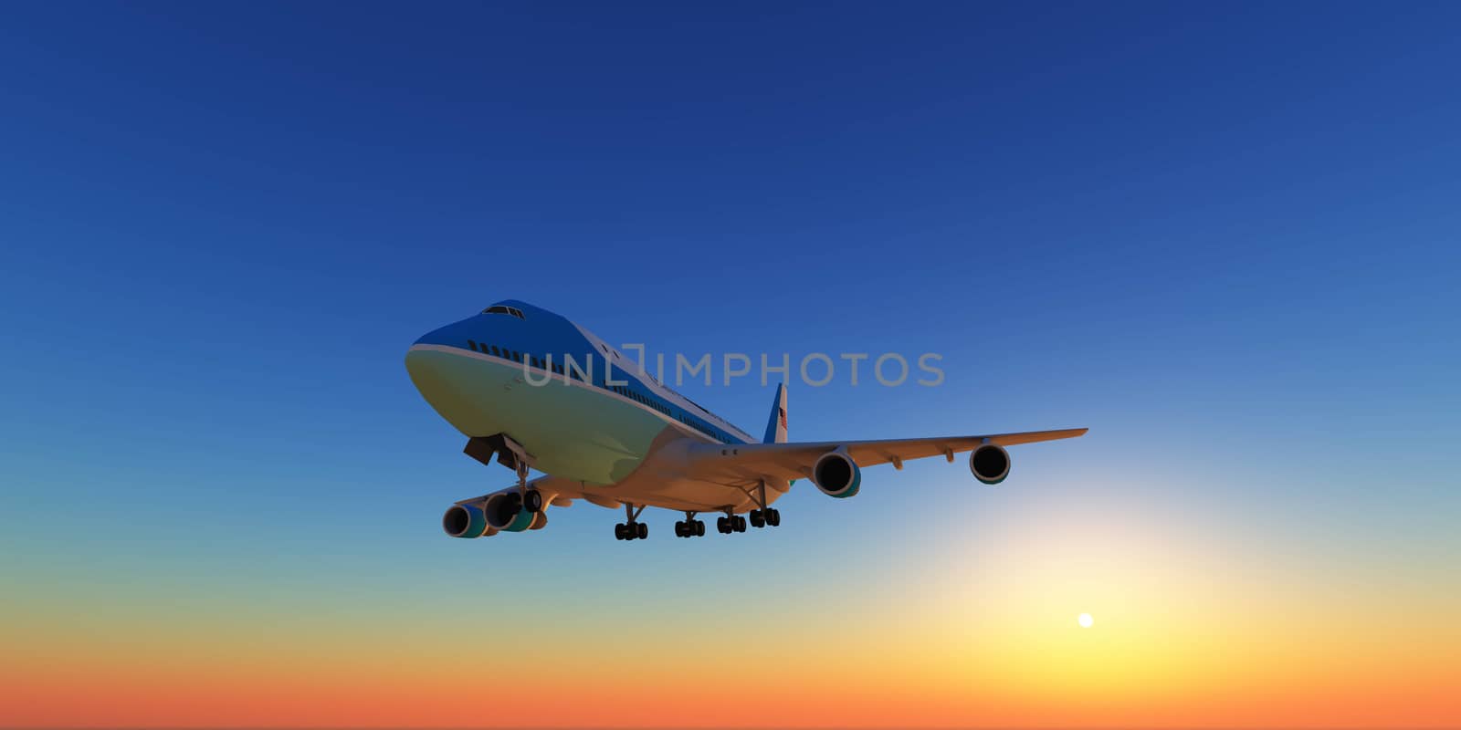 airplane fly in sunset sky, 3d rendering