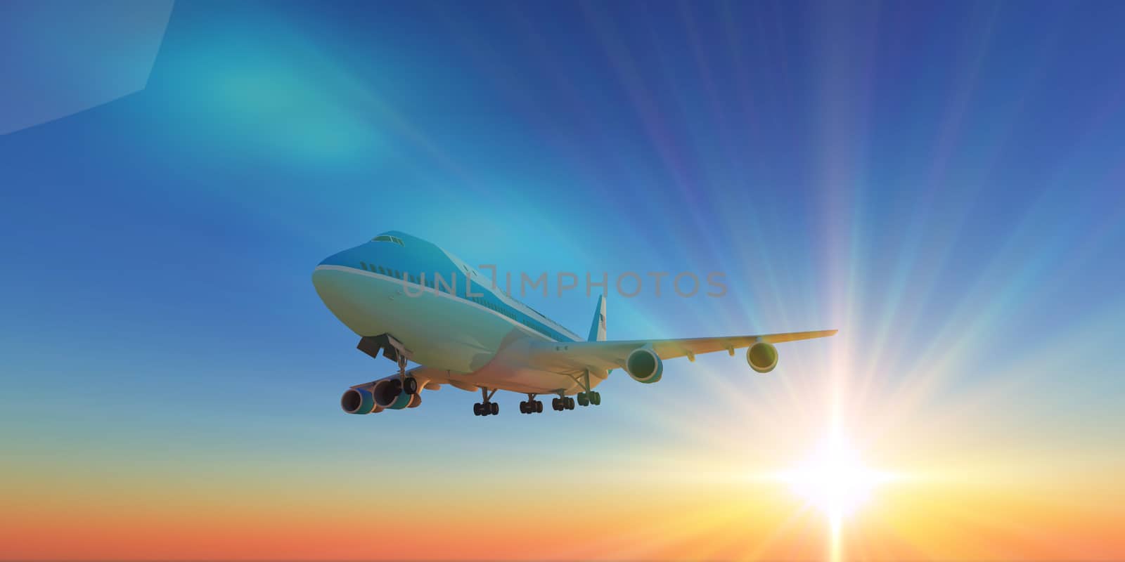 airplane fly in sunset sky, 3d rendering