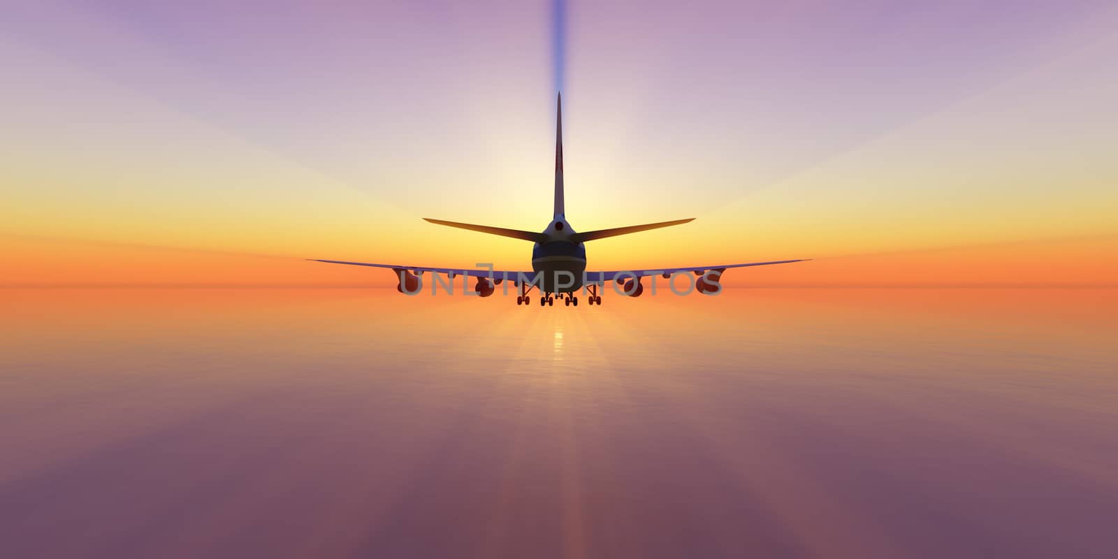 airplane fly in sunset sky, 3d rendering