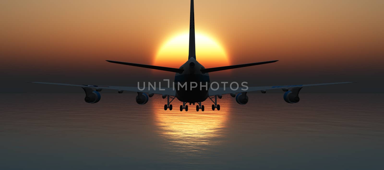 airplane fly in sunset sky, 3d rendering