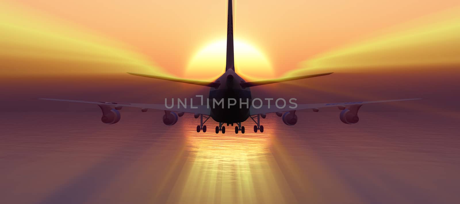 airplane fly in sunset sky, 3d rendering