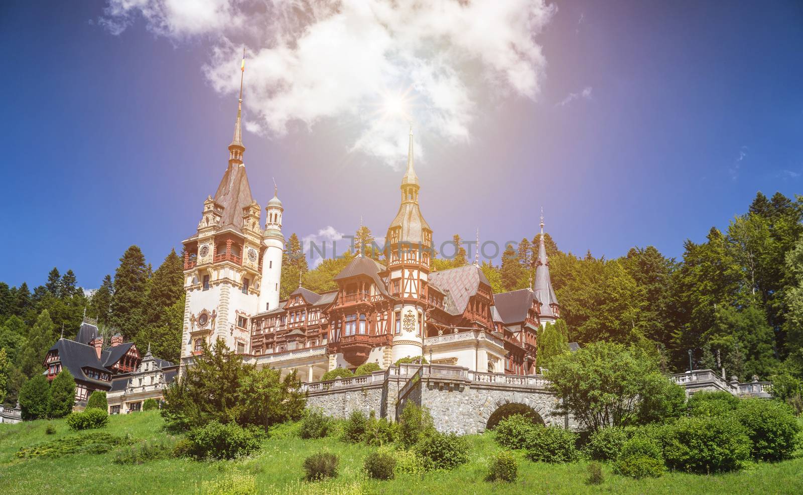 Peles Castle, Romania. Beautiful famous royal castle and ornamental garden in Sinaia landmark of Carpathian Mountains in Europe