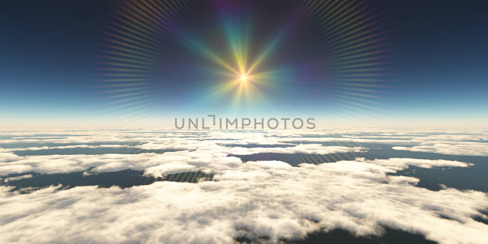 above clouds sun ray light, 3d rendering