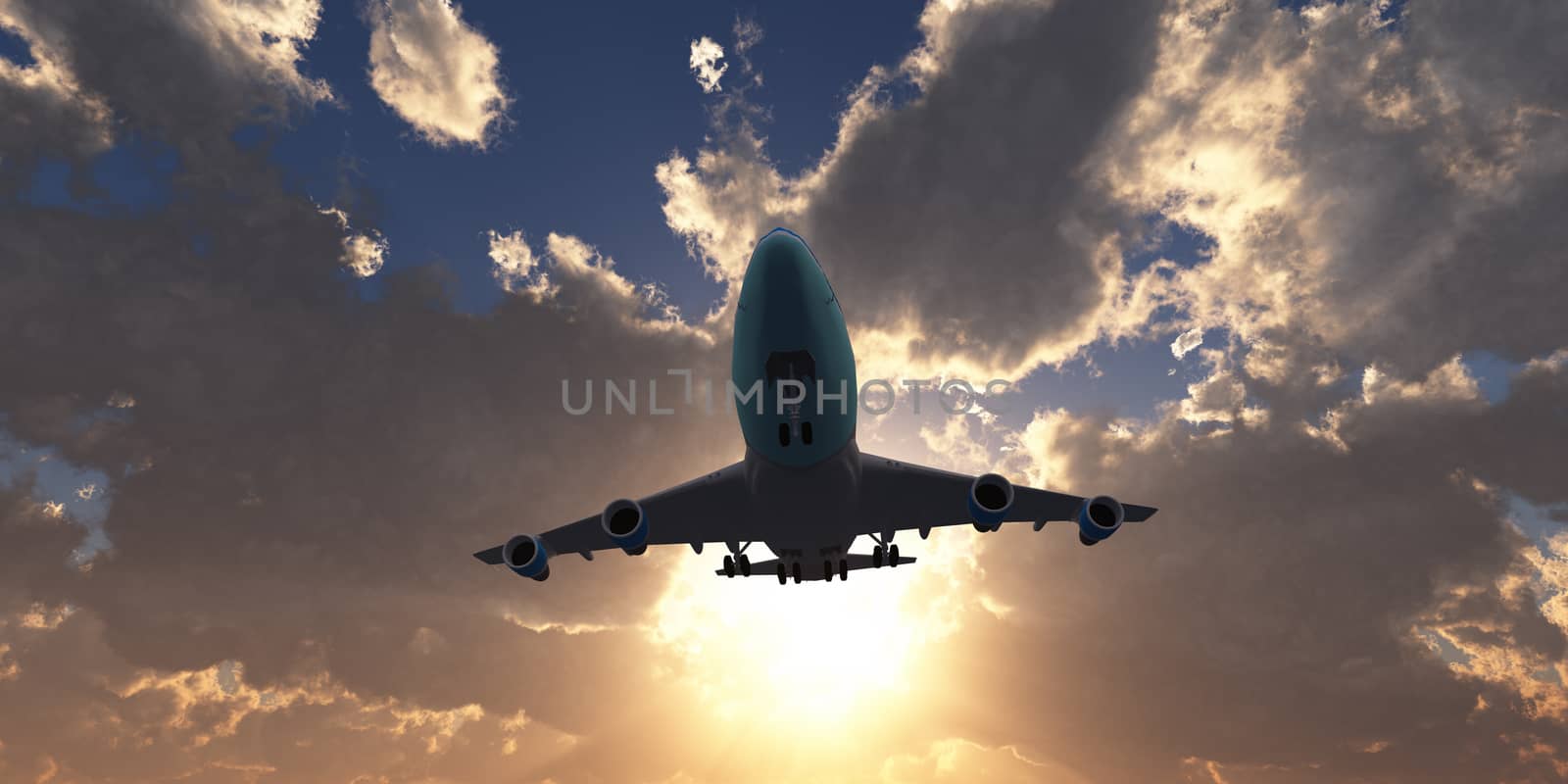 airplane in sunset gold sky, 3d rendering