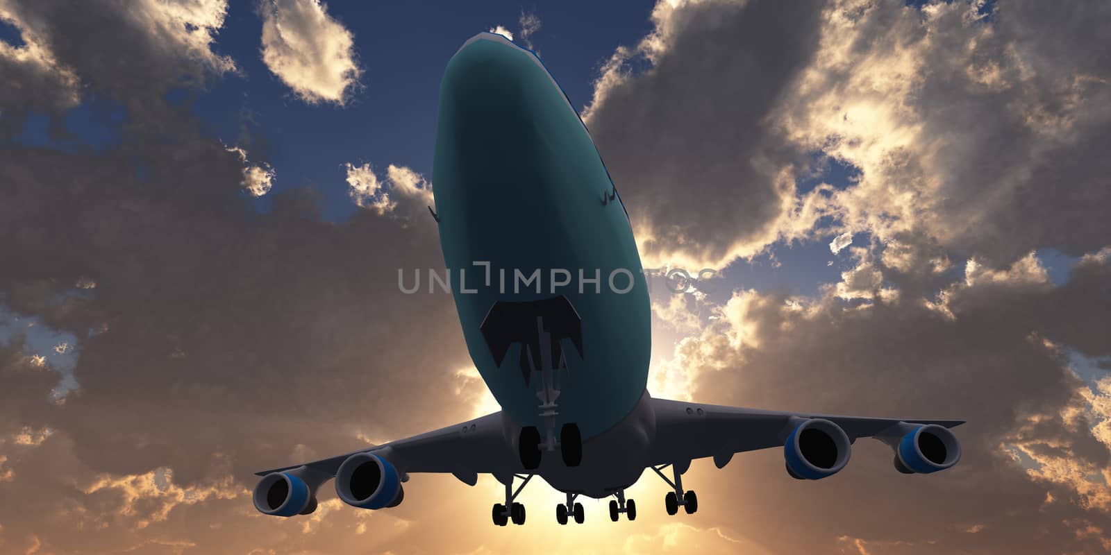 airplane in sunset sky, 3d rendering by alex_nako