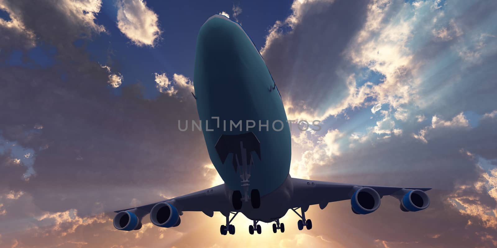 airplane in sunset gold sky, 3d rendering