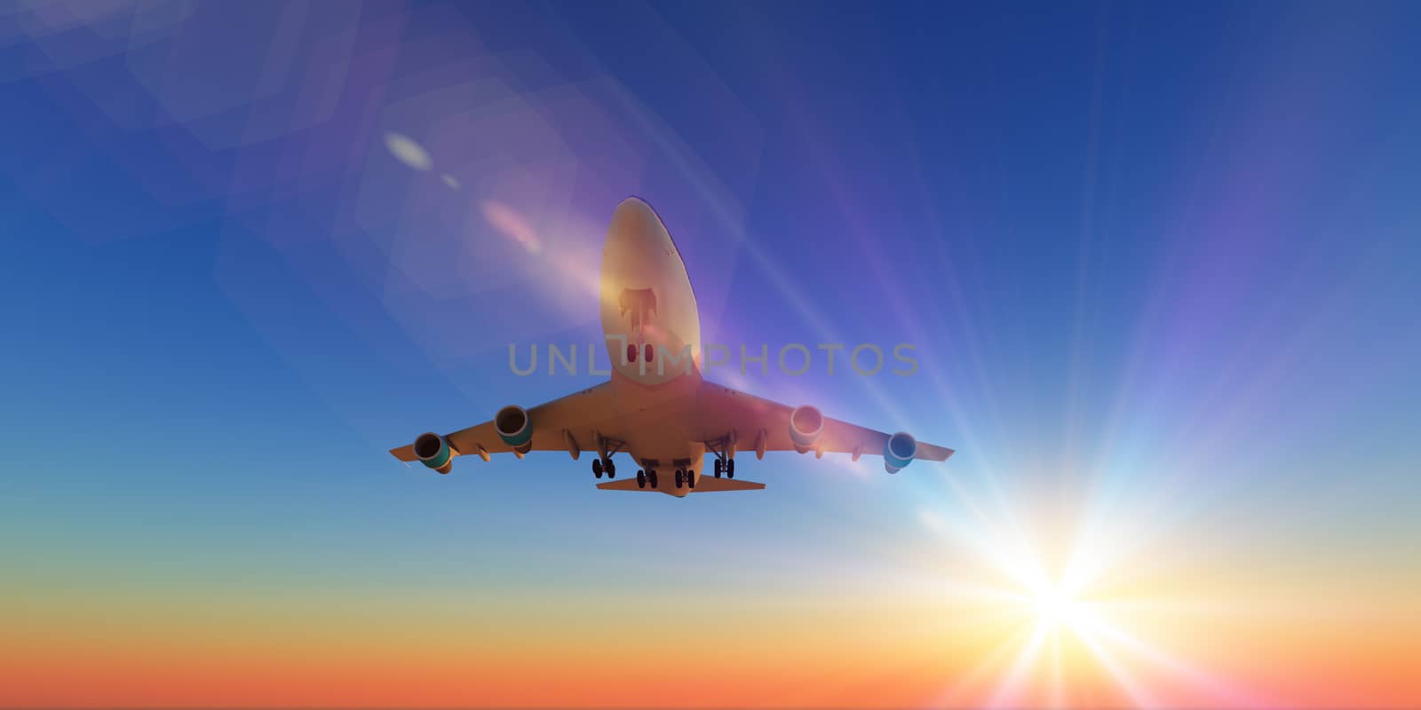 airplane in sunset sky, 3d rendering by alex_nako