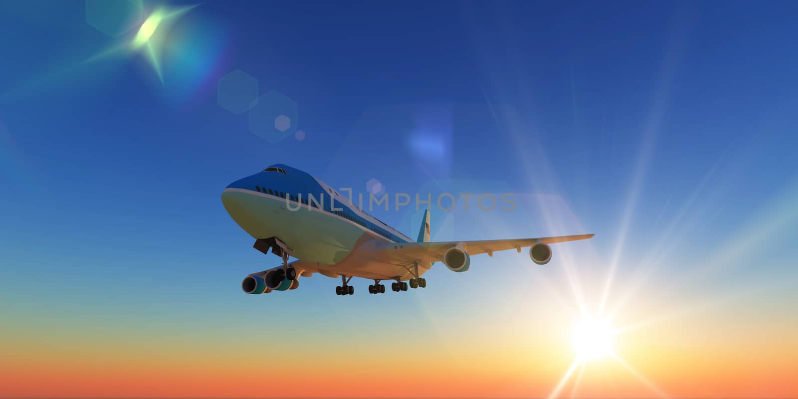 airplane in sunset sky, 3d rendering by alex_nako